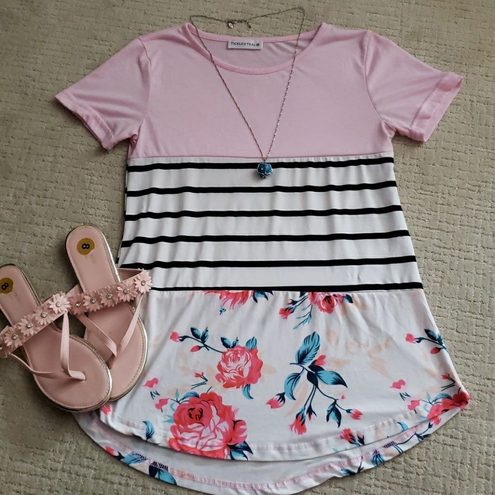 Tickled Teal shortsleeve color block stripe flower